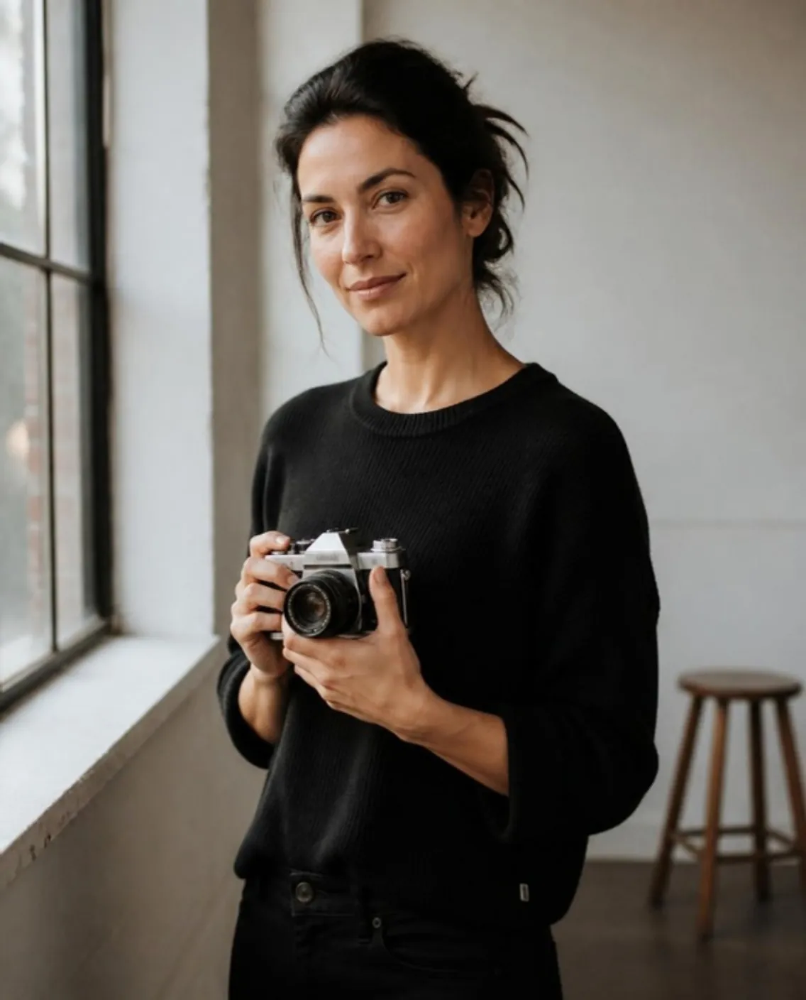 Photographer with dark hair tied back, in a black sweater, holding a film camera by a studio window