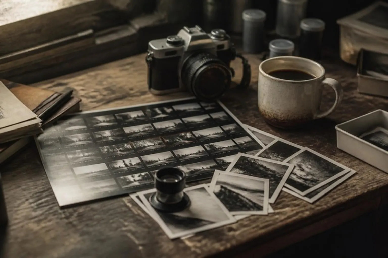 Film camera, contact sheets, small prints, a loupe and a cup of coffee on a wooden studio desk