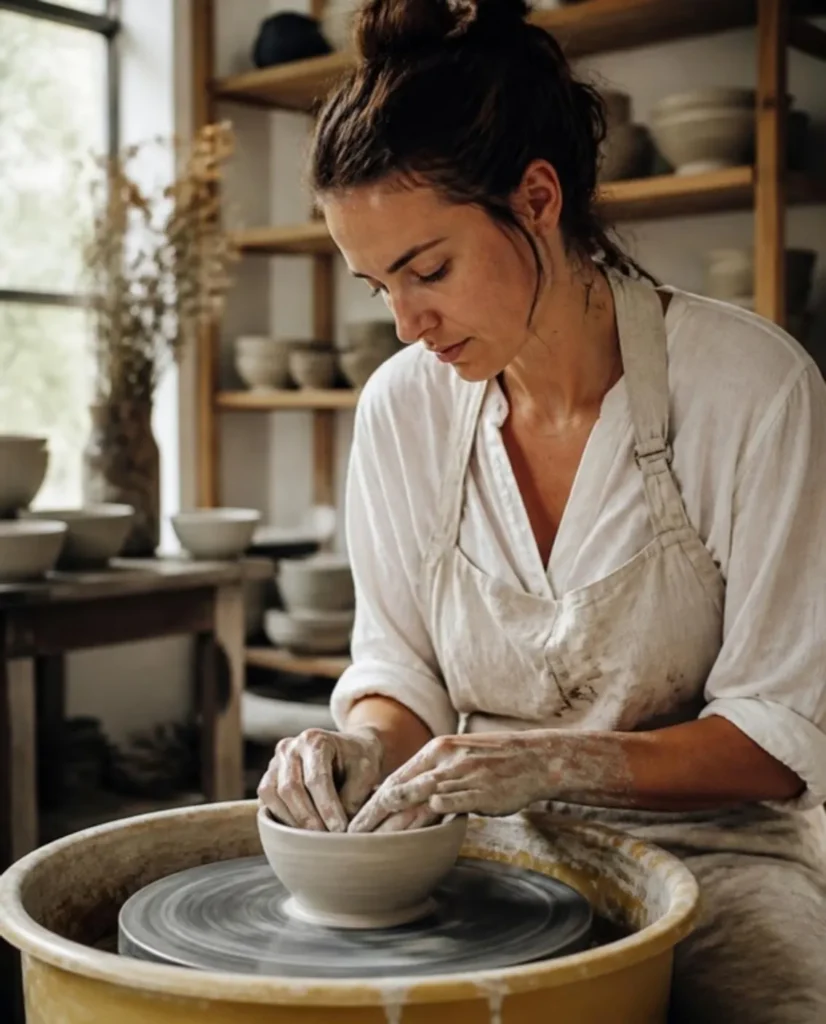 Potter in a linen apron shaping a bowl on the wheel in her bright studio