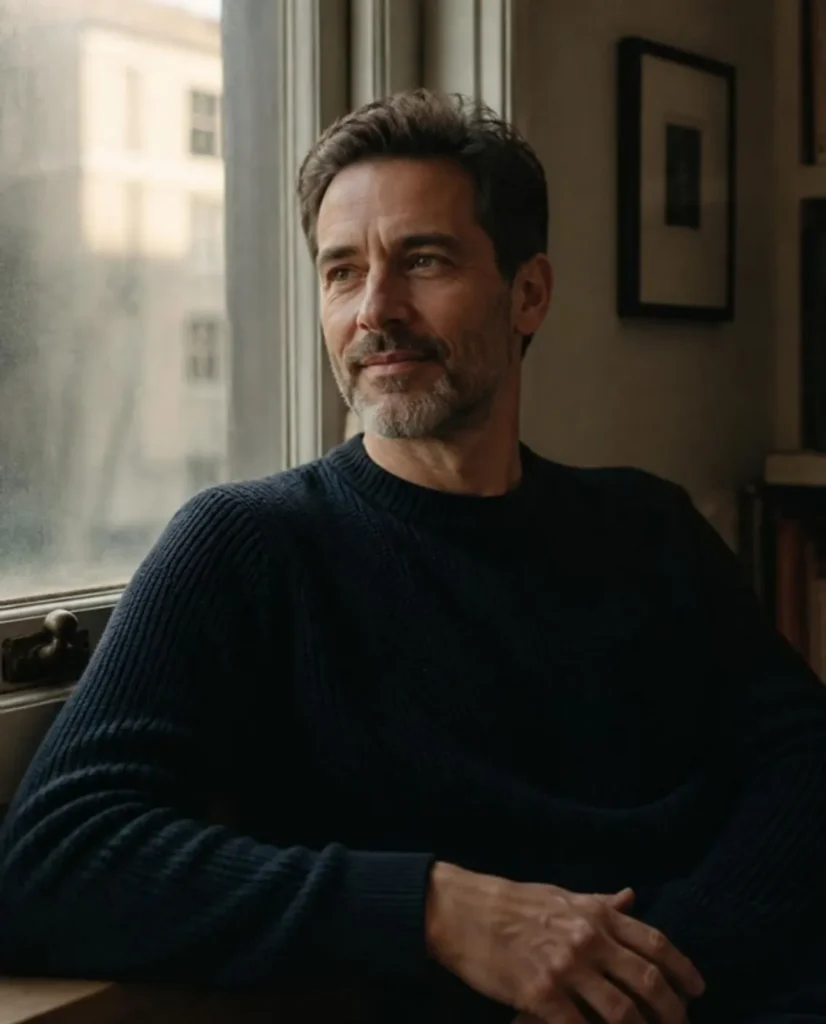 Man with a short grey beard in a dark sweater, sitting by a window in soft light
