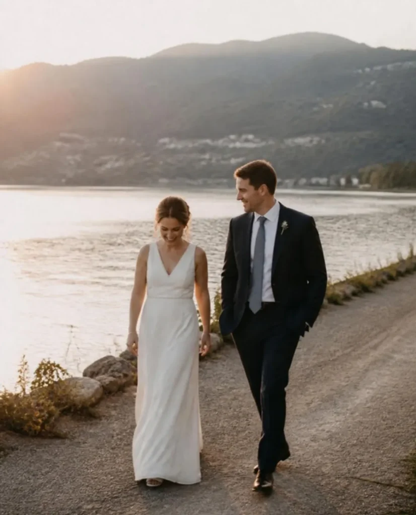 Bride and groom walking side by side along a lakeside path at sunset, hills behind them