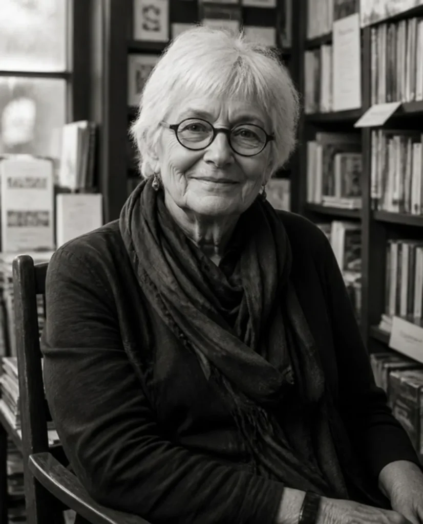 Black-and-white portrait of an older woman with round glasses, smiling in a bookshop
