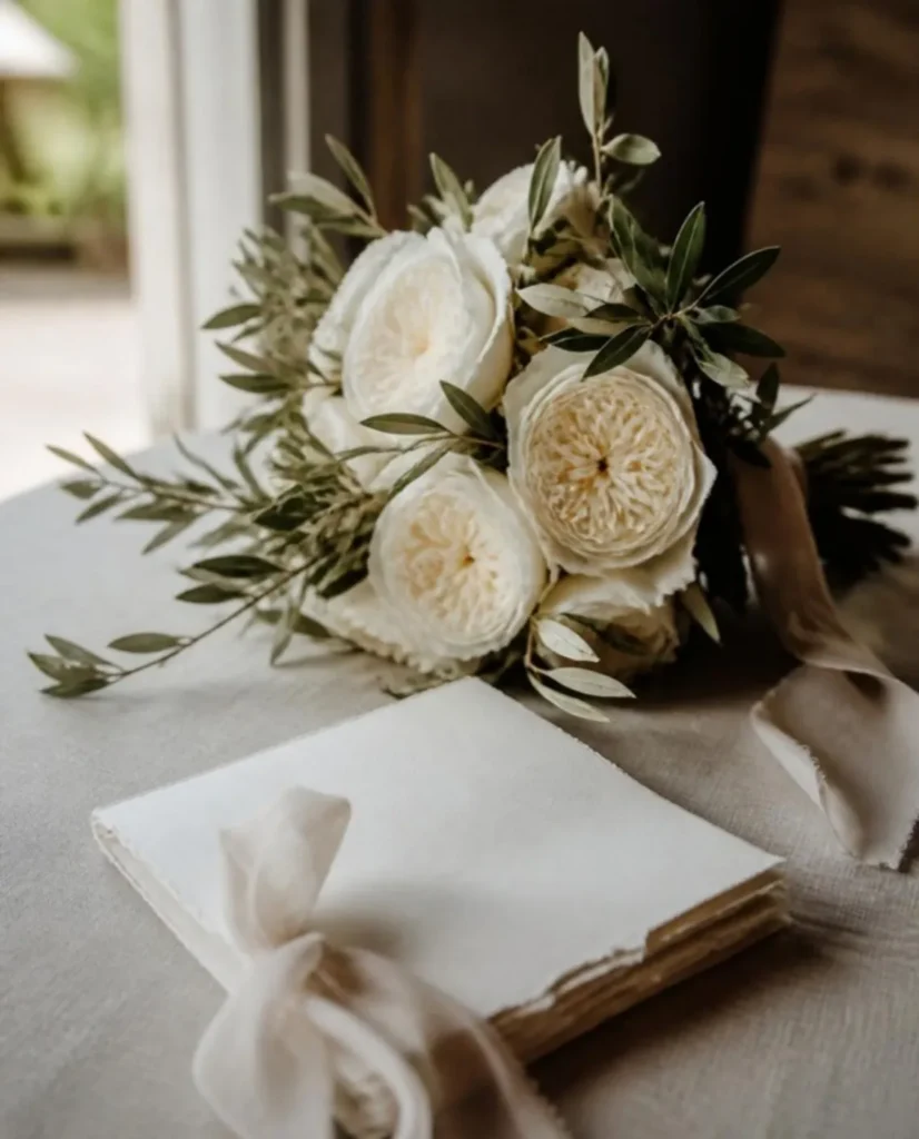 Bridal bouquet of white garden roses and olive branches beside a ribbon-tied vow book