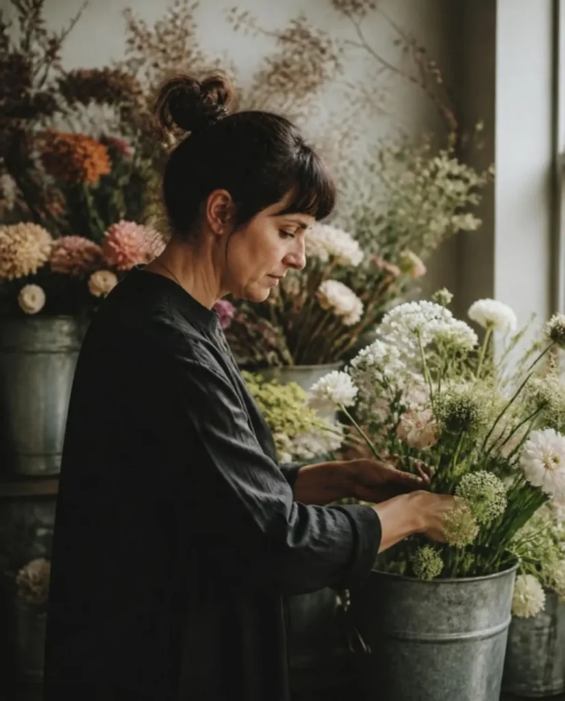 Florist arranging white and green stems in zinc buckets in her flower shop