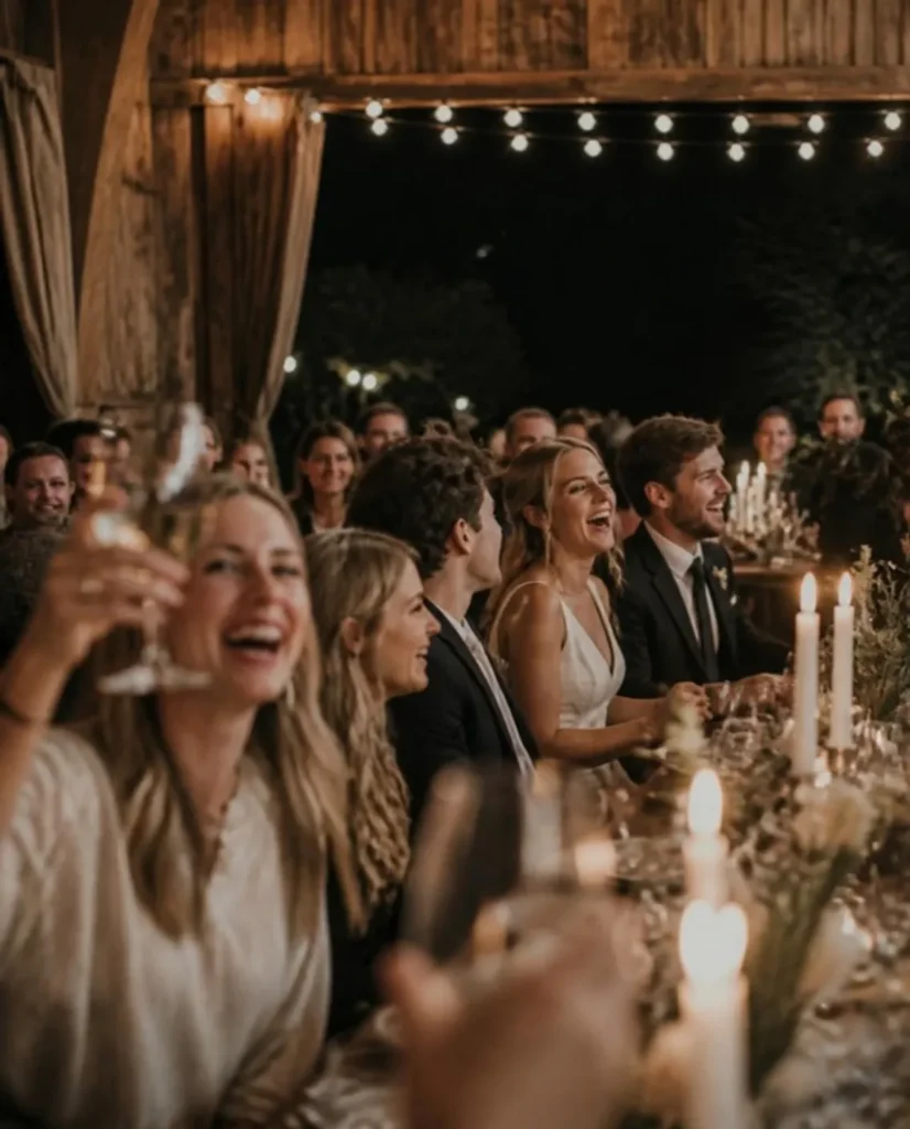 Wedding guests laughing and raising glasses at a long candlelit table under string lights