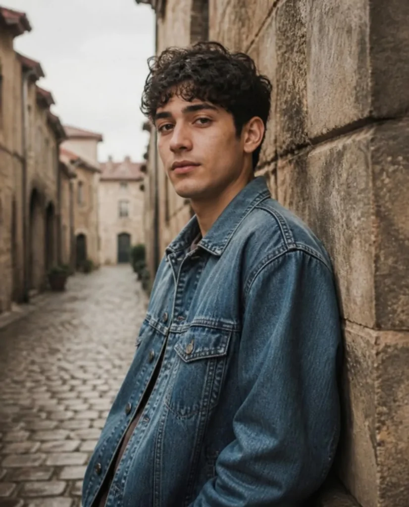Young man with curly hair in a denim jacket leaning against a stone wall in an old town lane